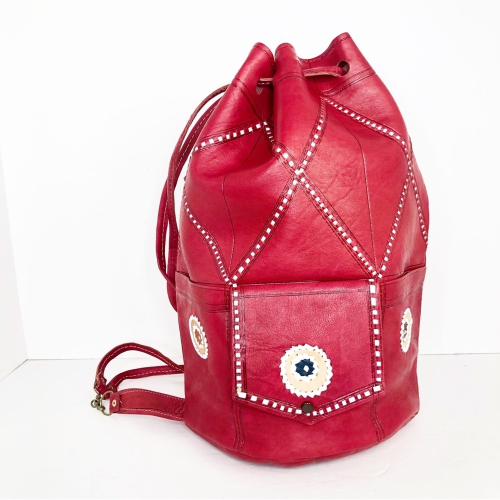 Red Leather Bohemian Backpack with Embellishments